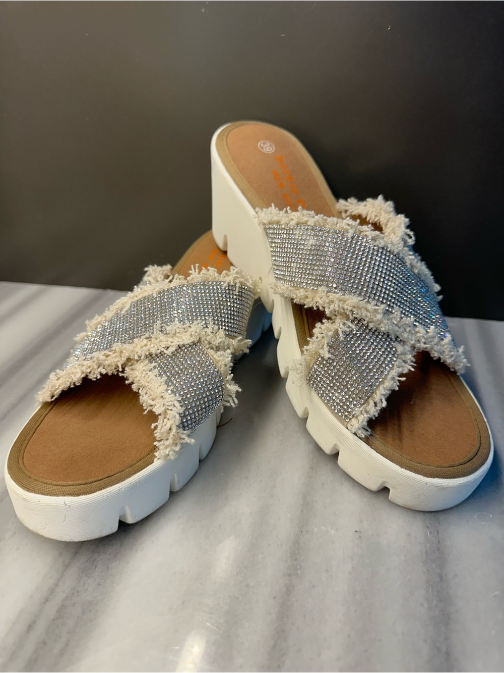 bernie mev. White Crystal Crossband Platform Mules